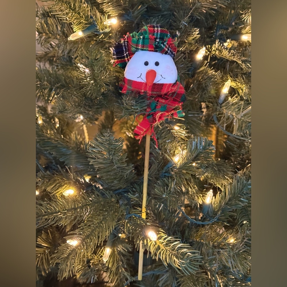Vintage 1989 Festive Snowman on a stick with Plaid Scarf